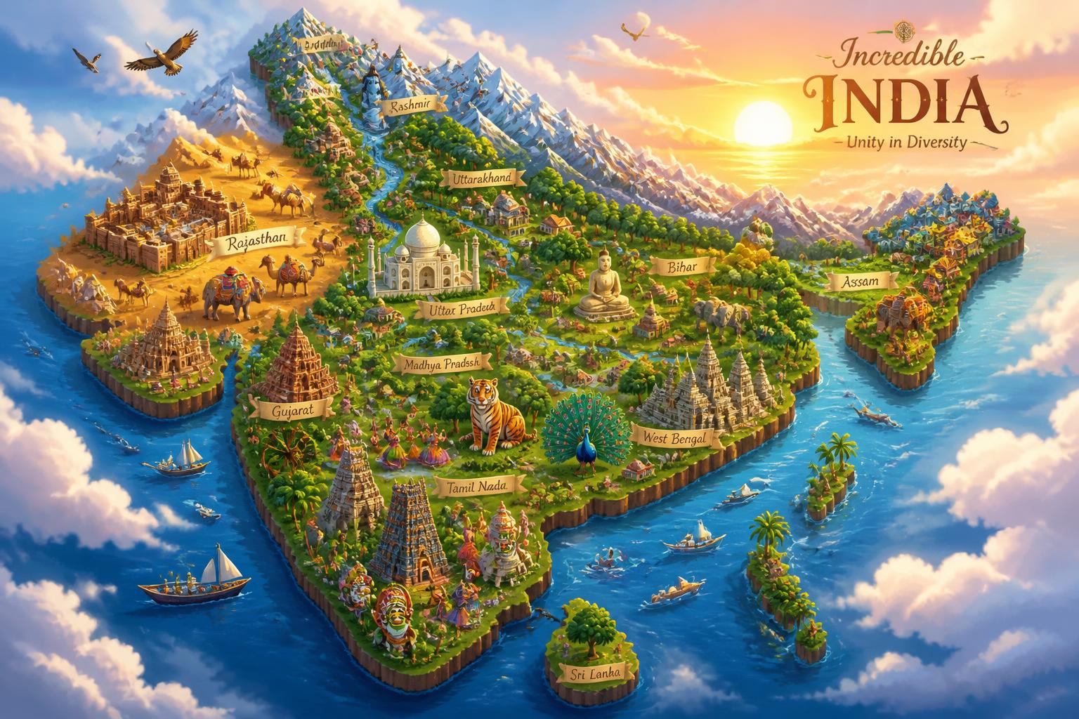 A whimsical illustrated map of India from above, filled with mountains, rivers, temples, a tiger and a peacock